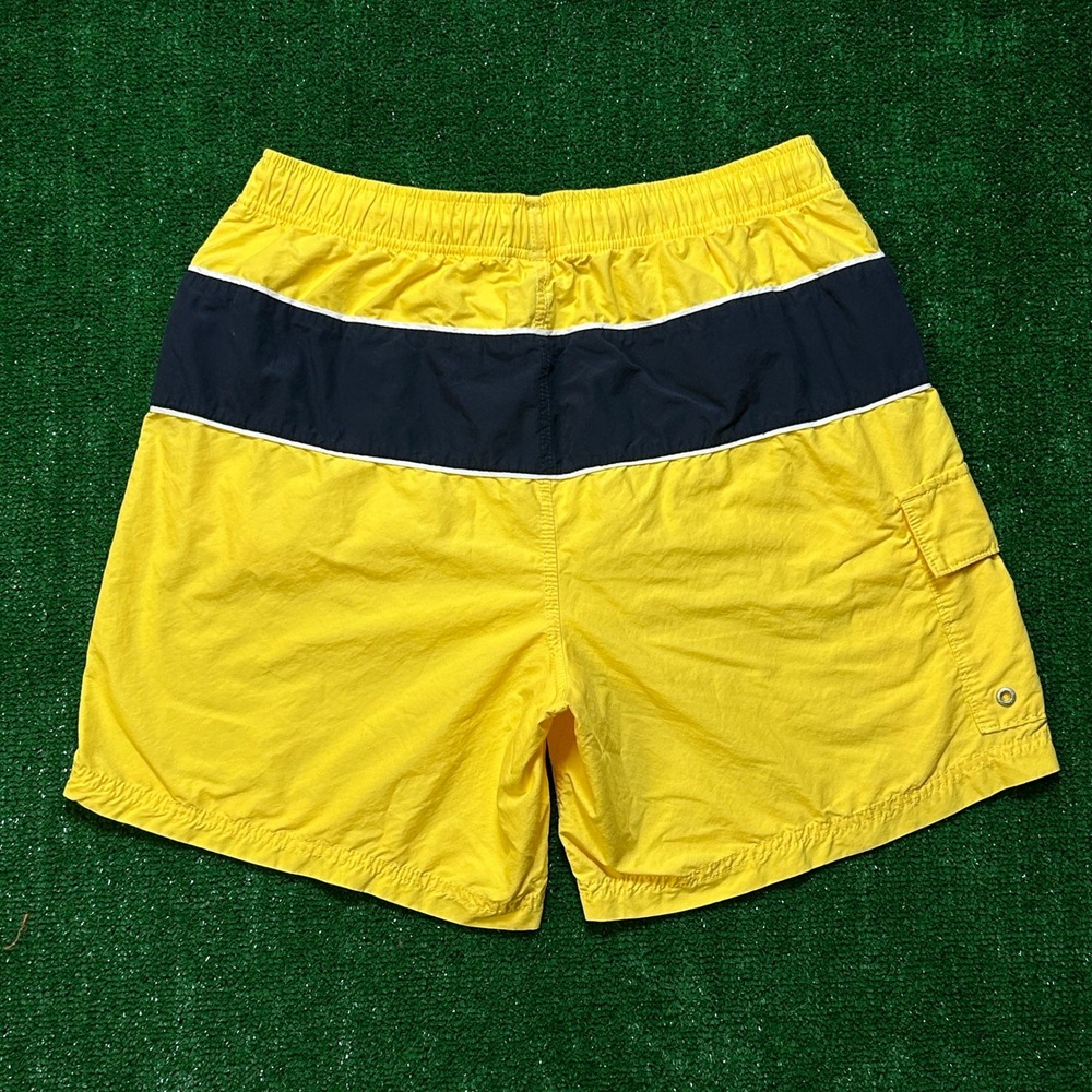 Vintage 90s Nautica Swim Trunks Men Med Yellow Navy Colorblock Cargo Mesh Lined - Picture 2 of 10